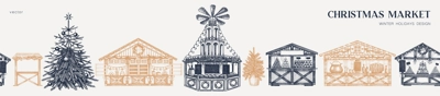 Christmas market background. Hand drawn vector illustration.  Holiday marketplace border design. Vintage seamless pattern. Christmas tree, wooden stall, candy shop, bakery, mulled wine sketches 